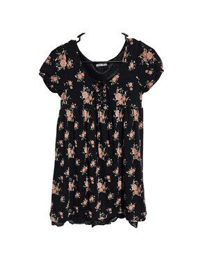 Colza Babydoll Dress Size Medium Cottagecore Y2K Floral Black Pink Lace Trim